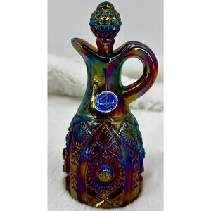 Imperial Octagon Carnival Glass Cruet Amethyst Iridescent w Stopper